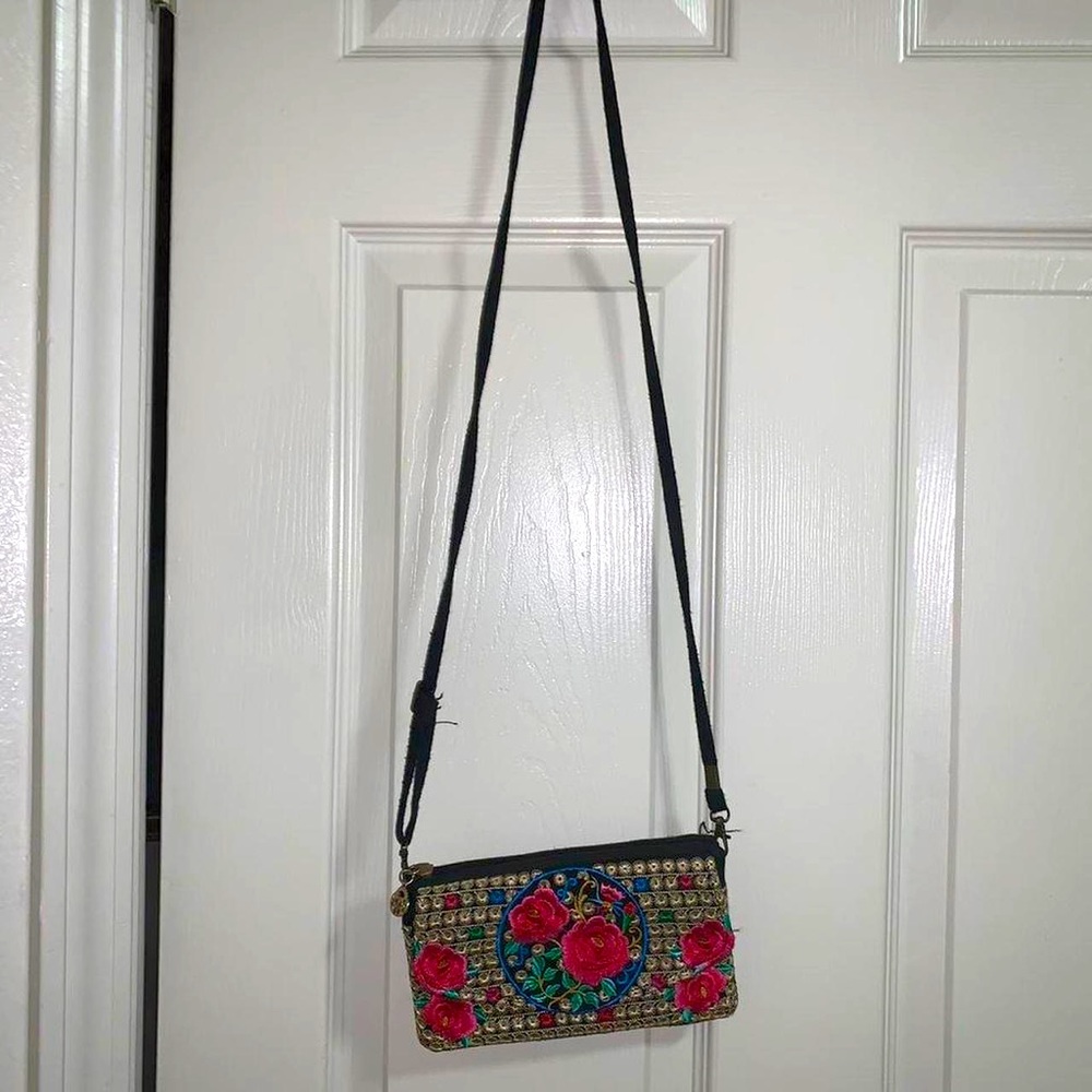 Shoulder crossbody wallet purse with colorful oriental floral stitching
